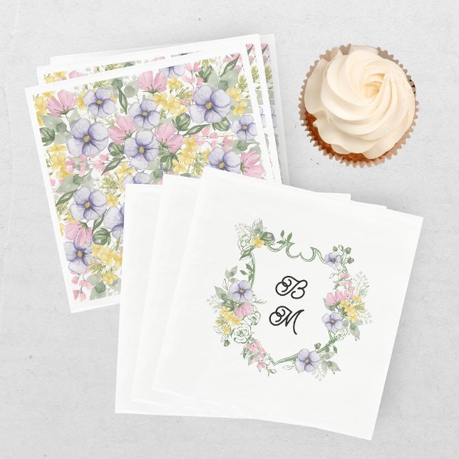 Serviette En Papier Blason floral élégant avec monogramme Photo mariag (Créateur téléchargé)