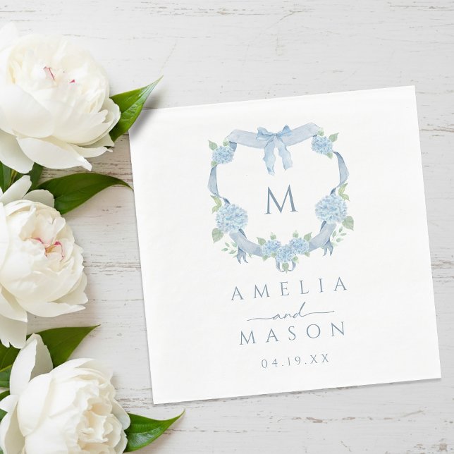 Serviette En Papier Blason Monogramme Aquarelle Hydrangea Bleu Mariage (Blue Hydrangea Watercolor Monogram Crest Wedding Napkins)