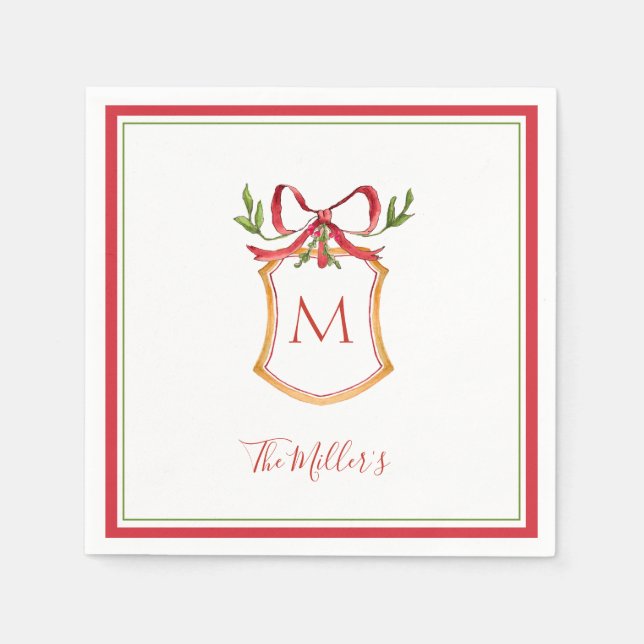 Serviette En Papier Blason Monogramme avec ruban rouge de vacances  (Devant)