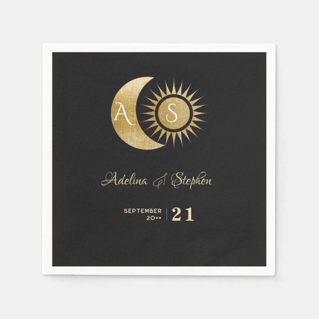 Serviette En Papier Blason Monogramme Chic Céleste Noir Or Soleil Lune (Devant)