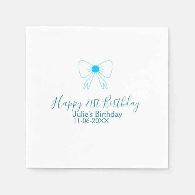 Serviette En Papier Bleu arc heureux 21e anniversaire nom date petite  (Devant)