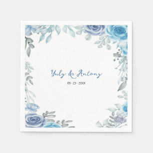 Serviette En Papier Bleu ardoise floral gris doux esthétique aquarelle