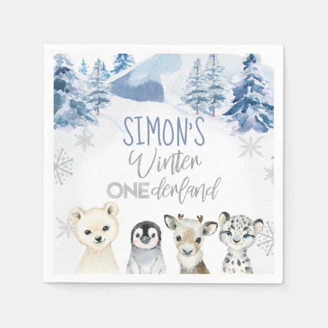 Serviette En Papier Bleu Argent Arctique hiver Onederland Anniversaire (Devant)