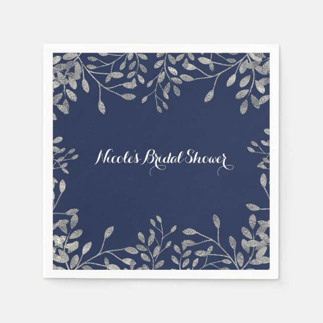 Serviette En Papier Bleu & Argent Botanique Moderne Mariage élégant (Devant)