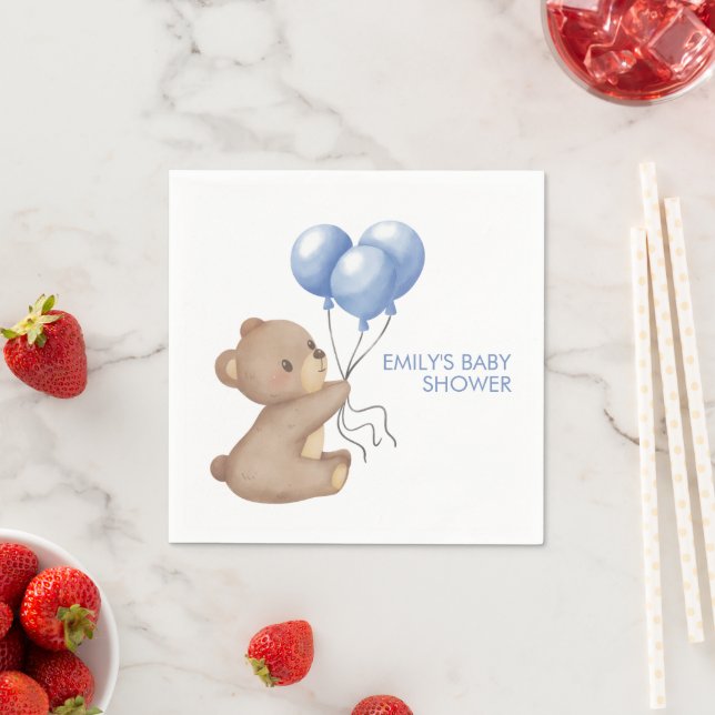 Serviette En Papier Bleu Bear Balloons Baby shower garçon (En situation)
