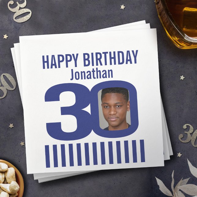 Serviette En Papier bleu blanc 30e anniversaire bande ajouter votre pr (Créateur téléchargé)