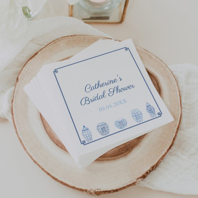 Serviette En Papier Bleu blanc Chinoiserie Chic Wedding shower nuptial (Blue and white ginger jar bridal shower party napkins with Greek key border)