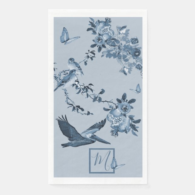 Serviette En Papier Bleu blanc Chinoiserie Floral élégant Monogramme (Devant)