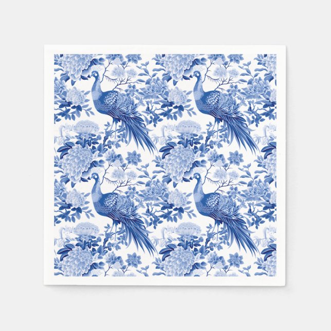 Serviette En Papier Bleu Blanc Chinoiserie Floral Peacock Birds (Devant)