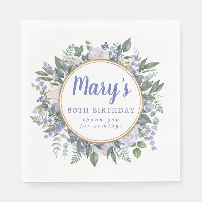 Serviette En Papier Bleu Blanc Floral 80e anniversaire Merci (Devant)