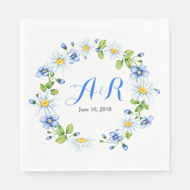 Serviette En Papier Bleu blanc Monogramme marguerite Mariage floral (Devant)