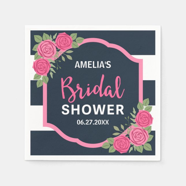 Serviette En Papier Bleu Blancs Fête des mariées Roses Roses Rose (Devant)