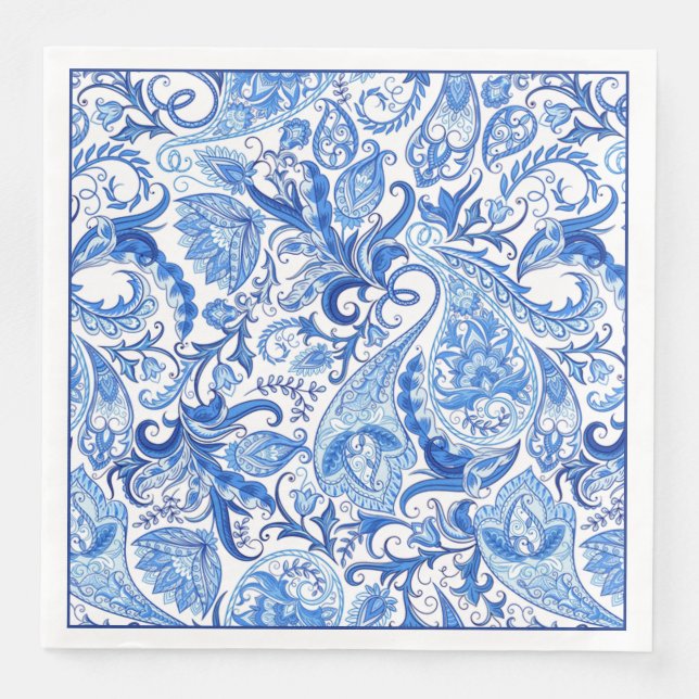 Serviette En Papier Bleu Bleu Blanc Floral Paisley Art Motif (Devant)