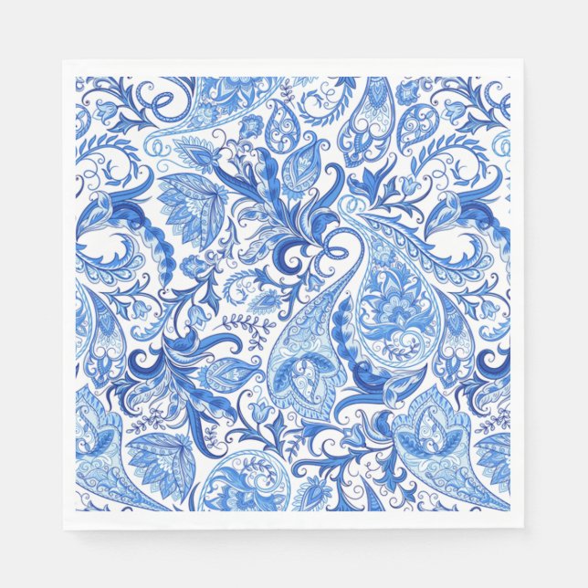 Serviette En Papier Bleu Bleu Blanc Floral Paisley Art Motif (Devant)