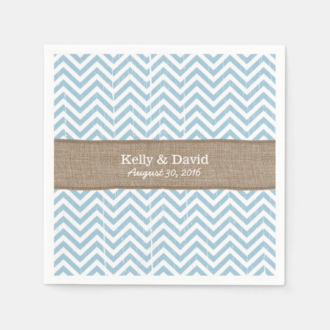Serviette En Papier Bleu Chevron rayures Burlap ruban Mariage rustique (Devant)