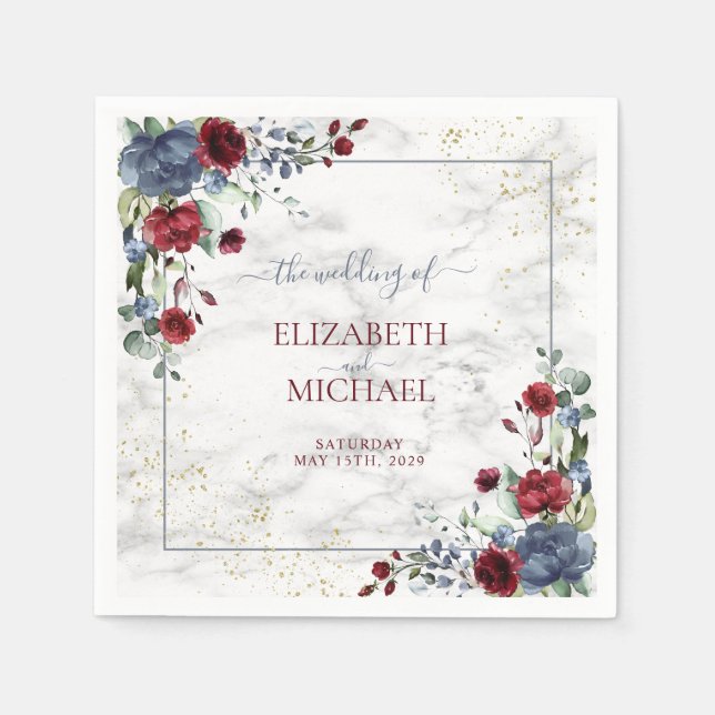 Serviette En Papier Bleu clair Bourgogne Mariage floral (Devant)