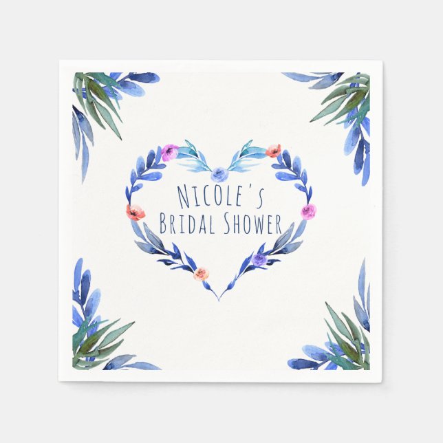 Serviette En Papier Bleu clair Floral Aquarelle Coeur Glam Élégant (Devant)