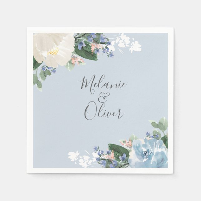Serviette En Papier Bleu clair Mariage floral (Devant)
