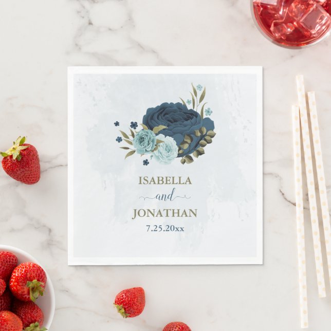 Serviette En Papier bleu clair marine fleurs mariage (En situation)
