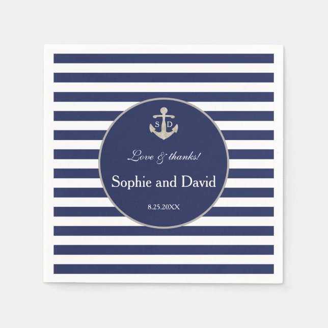 Serviette En Papier Bleu de marine Nautique Ancre Mariage (Devant)