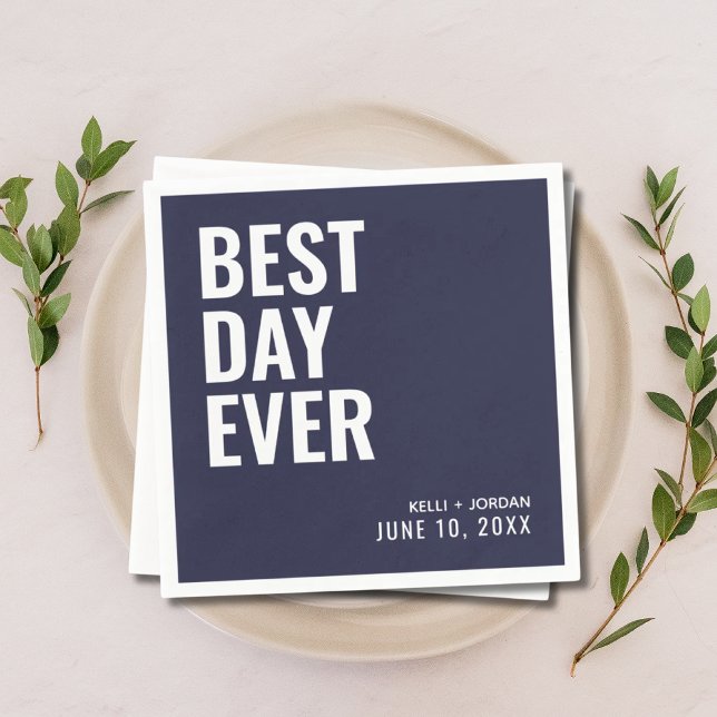Serviette En Papier Bleu de marine personnalisée Meilleur jour jamais  (Personalized Navy Blue Best Day Ever Wedding Napkins
)