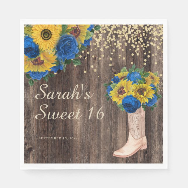Serviette En Papier Bleu de tournesol rustique Bottes Roses doux 16 (Devant)