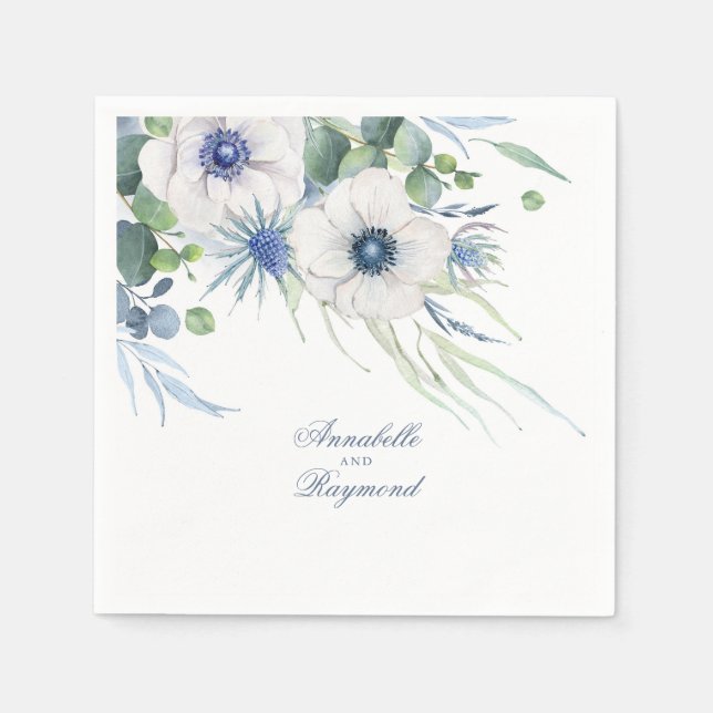 Serviette En Papier Bleu Duché Floral Vert Elégant Aquarelle (Devant)
