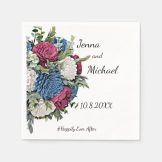 Serviette En Papier Bleu Dusty et Napkin Floral Bourgogne