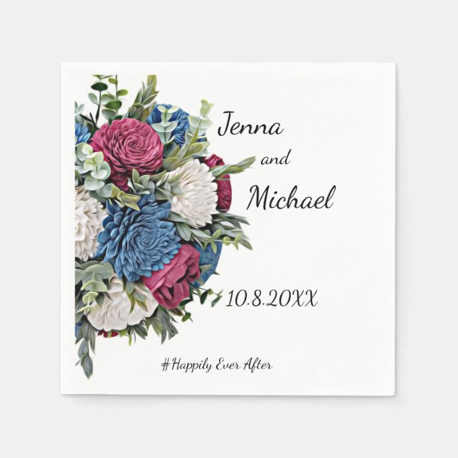 Serviette En Papier Bleu Dusty et Napkin Floral Bourgogne (Devant)