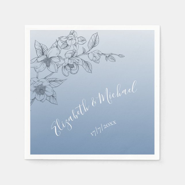 Serviette En Papier Bleu Dusty Floral Line Art | Mariage personnalisé (Devant)