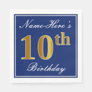 Serviette En Papier Bleu Élégant, 10e anniversaire de Faux Gold; Nom p