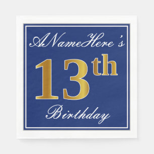 Serviette En Papier Bleu Élégant, 13e anniversaire de Faux Gold; Nom p