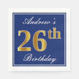 Serviette En Papier Bleu Élégant, Faux Gold 26e anniversaire; Nom pers