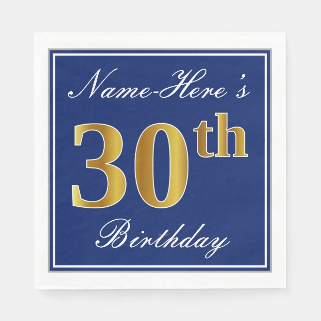 Serviette En Papier Bleu élégant, Faux Gold 30e anniversaire; Nom pers (Devant)