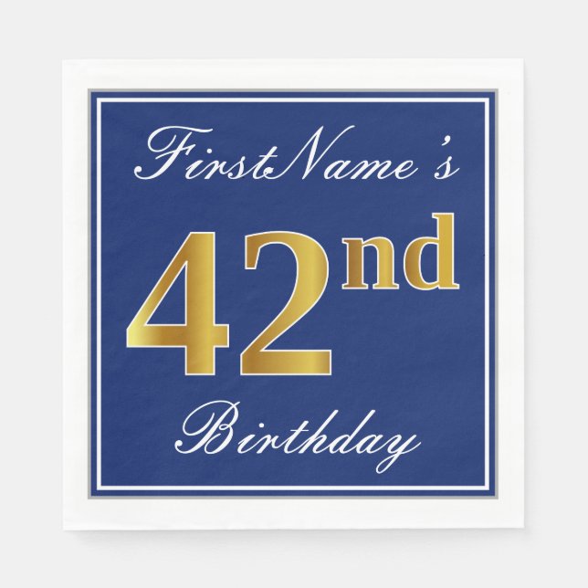 Serviette En Papier Bleu Élégant, Faux Gold 42e anniversaire; Nom pers (Devant)