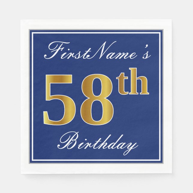 Serviette En Papier Bleu Élégant, Faux Gold 58e anniversaire; Nom pers (Devant)