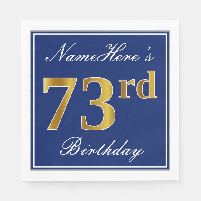 Serviette En Papier Bleu Élégant, Faux Gold 73e anniversaire; Nom pers (Devant)