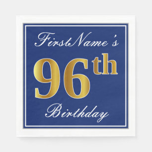 Serviette En Papier Bleu élégant, Faux Gold 96e anniversaire; Nom pers