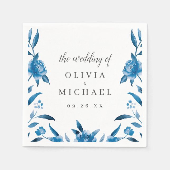 Serviette En Papier Bleu et blanc aquarelle fleurie merci mariage (Devant)