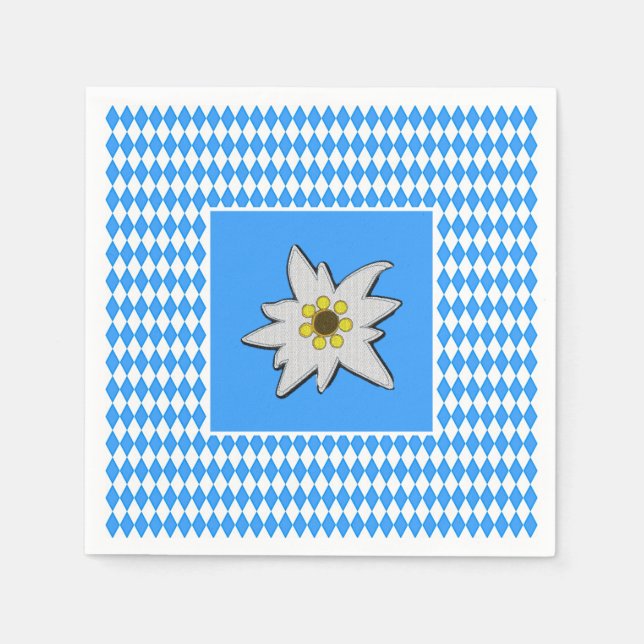 Serviette En Papier Bleu et blanc avec Edelweiss Oktoberfest (Devant)