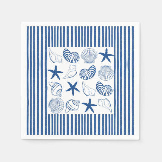 Serviette En Papier Bleu et blanc Bandes et coquilles marines