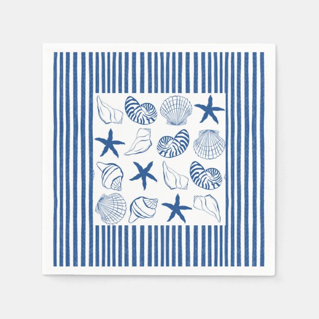 Serviette En Papier Bleu et blanc Bandes et coquilles marines (Devant)