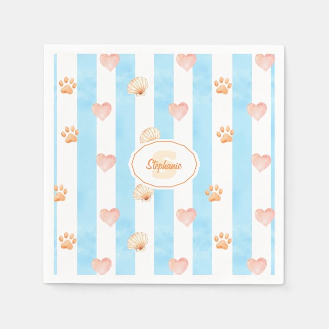 Serviette En Papier Bleu et blanc - Coeurs, Empreinte de patte, Coque (Devant)