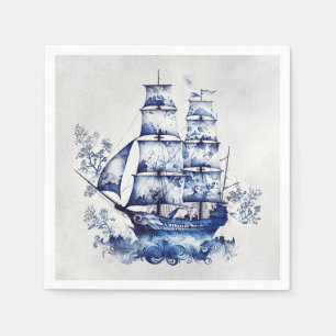 Serviette En Papier Bleu et blanc Delft voilier en mer