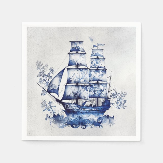 Serviette En Papier Bleu et blanc Delft voilier en mer (Devant)