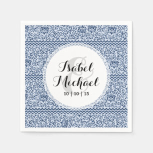 Serviette En Papier Bleu et blanc Floral Tudor Damask Style Vintage