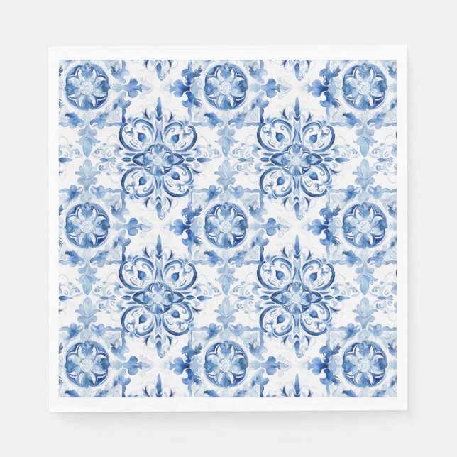 Serviette En Papier Bleu et blanc Italien aquarelle carreaux motif (Devant)