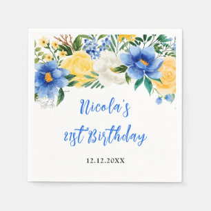 Serviette En Papier Bleu et Jaune Floral Anniversaire