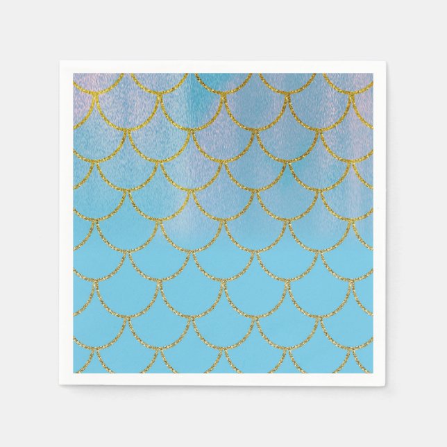 Serviette En Papier Bleu et or Iridescente Shimmer Mermaid Party (Devant)