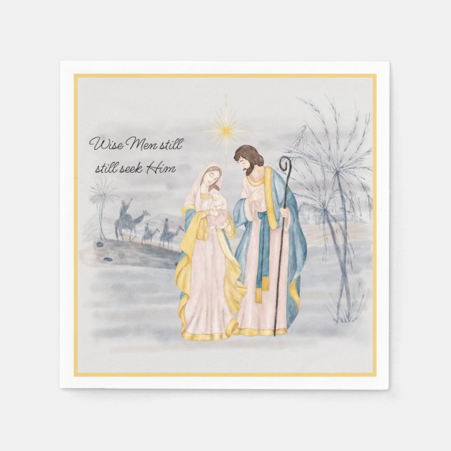 Serviette En Papier Bleu et or Marie, Joseph et Jésus Fête (Devant)